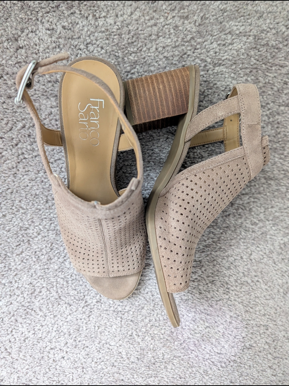 Franco Sarto Taupe Perforated Block Heel Sandals--sz. 7.5